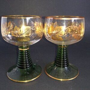 Pair (2) Vintage Roemer West German Beehive Stem Wine Goblets Gilded Etched